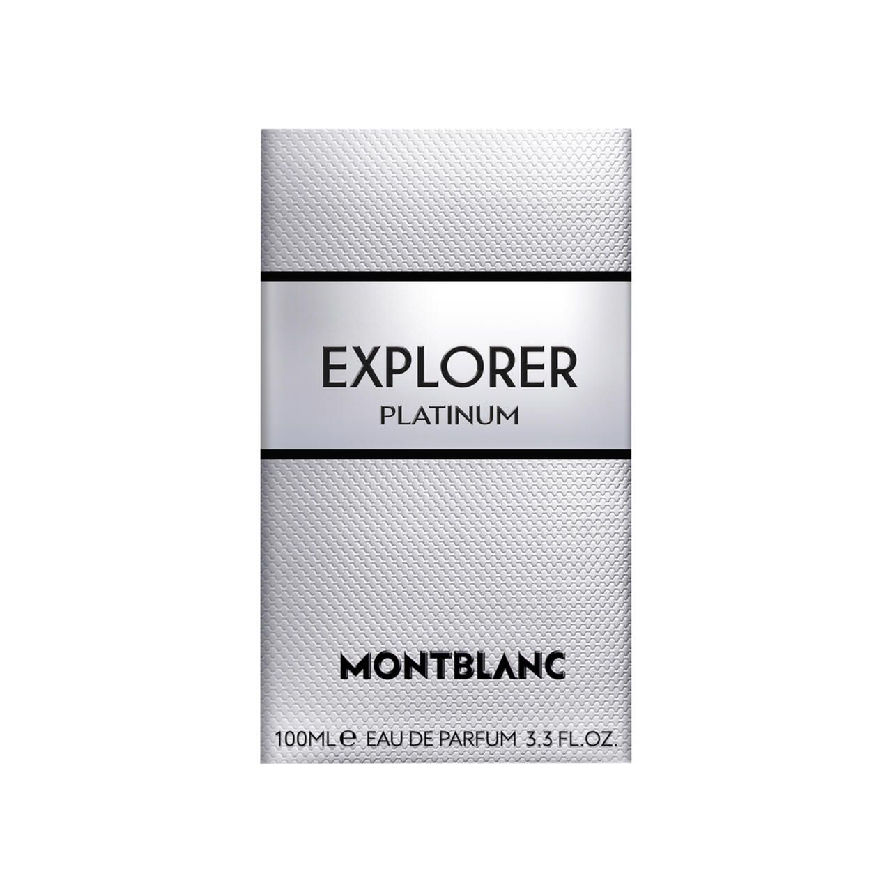 Confezione rettangolare bianca con 'EXPLORER PLATINUM' e 'MONTBLANC'. Volume: 100ml.
