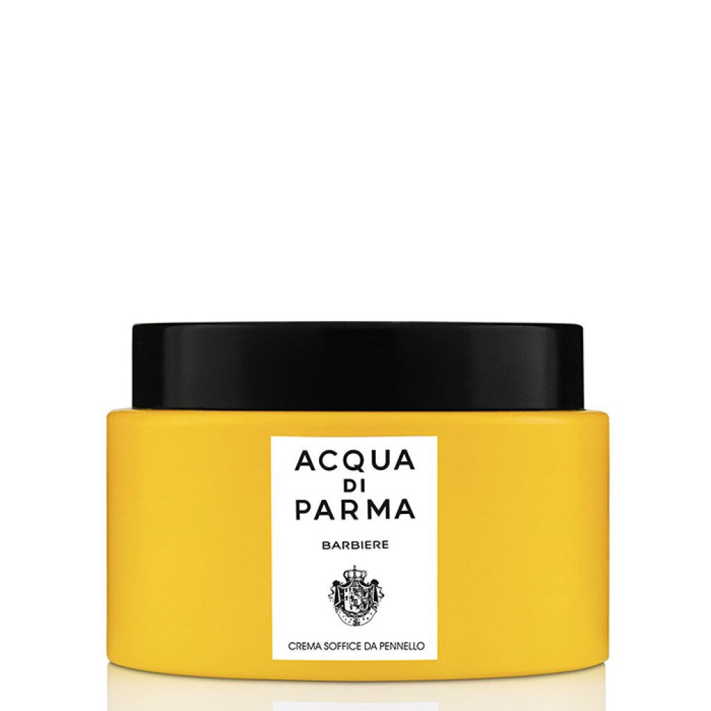 Barattolo giallo con coperchio nero. Etichetta "Acqua di Parma Barbiere" e stemma.