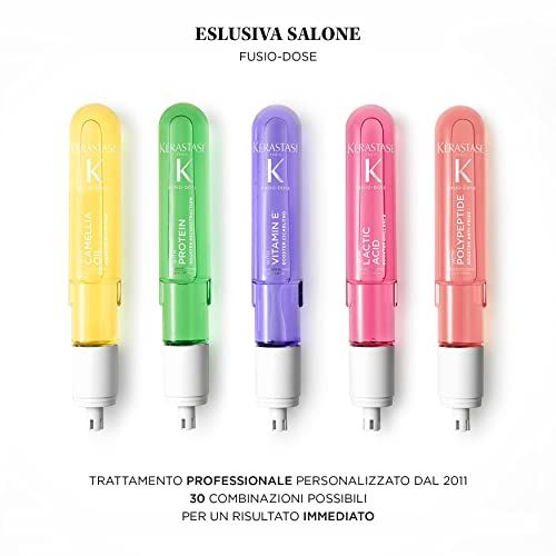 Cinque fiale di diversi colori. Testo: Fusio-Dose, Kérastase. Trattamento personalizzato professionale.