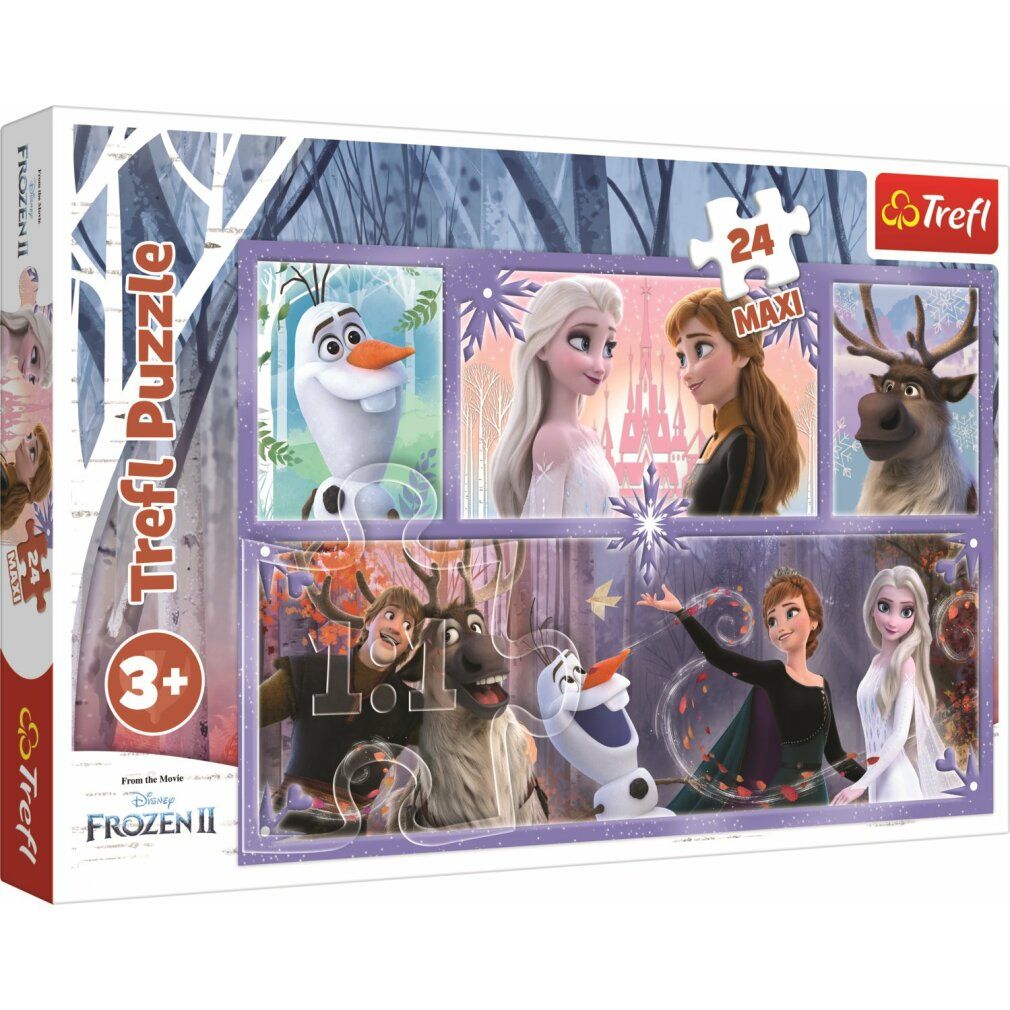 Puzzle con motivi Frozen. 24 pezzi Maxi. Età consigliata: 3+. Marchio Trefl. Sono raffigurati i personaggi del film.