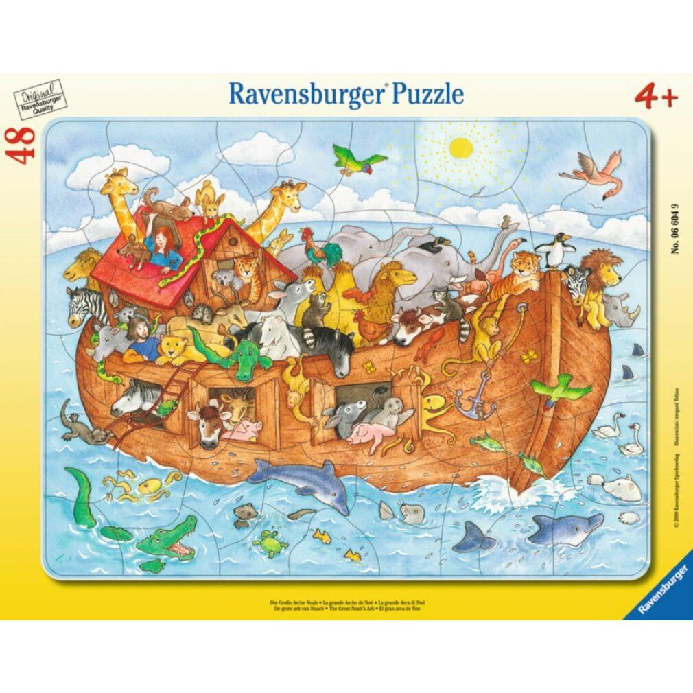 Puzzle da 48 pezzi. Tema: Arca di Noè con animali. Marca Ravensburger. Età consigliata 4+. Forma rettangolare.