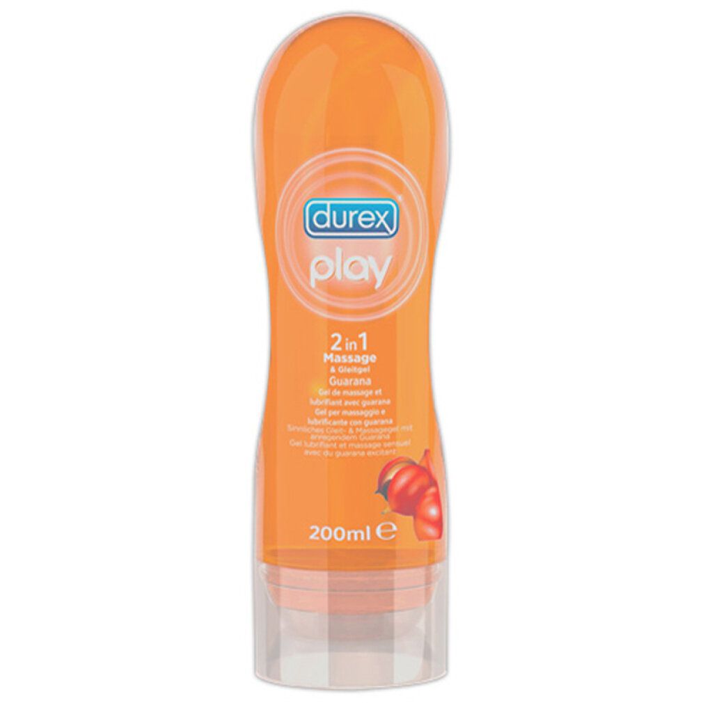Flacone arancione Durex Play 2in1 Massage & lubrificante. Tappo bianco. 200ml.