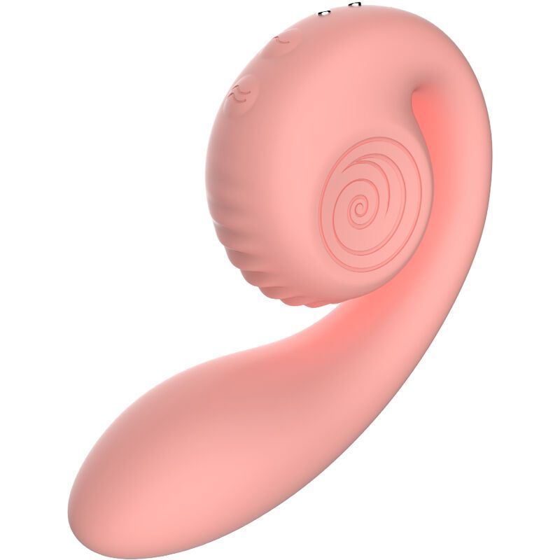 Prodotto benessere rosa a forma di spirale. Parte superiore scanalata con tre pulsanti. Parte inferiore curva.