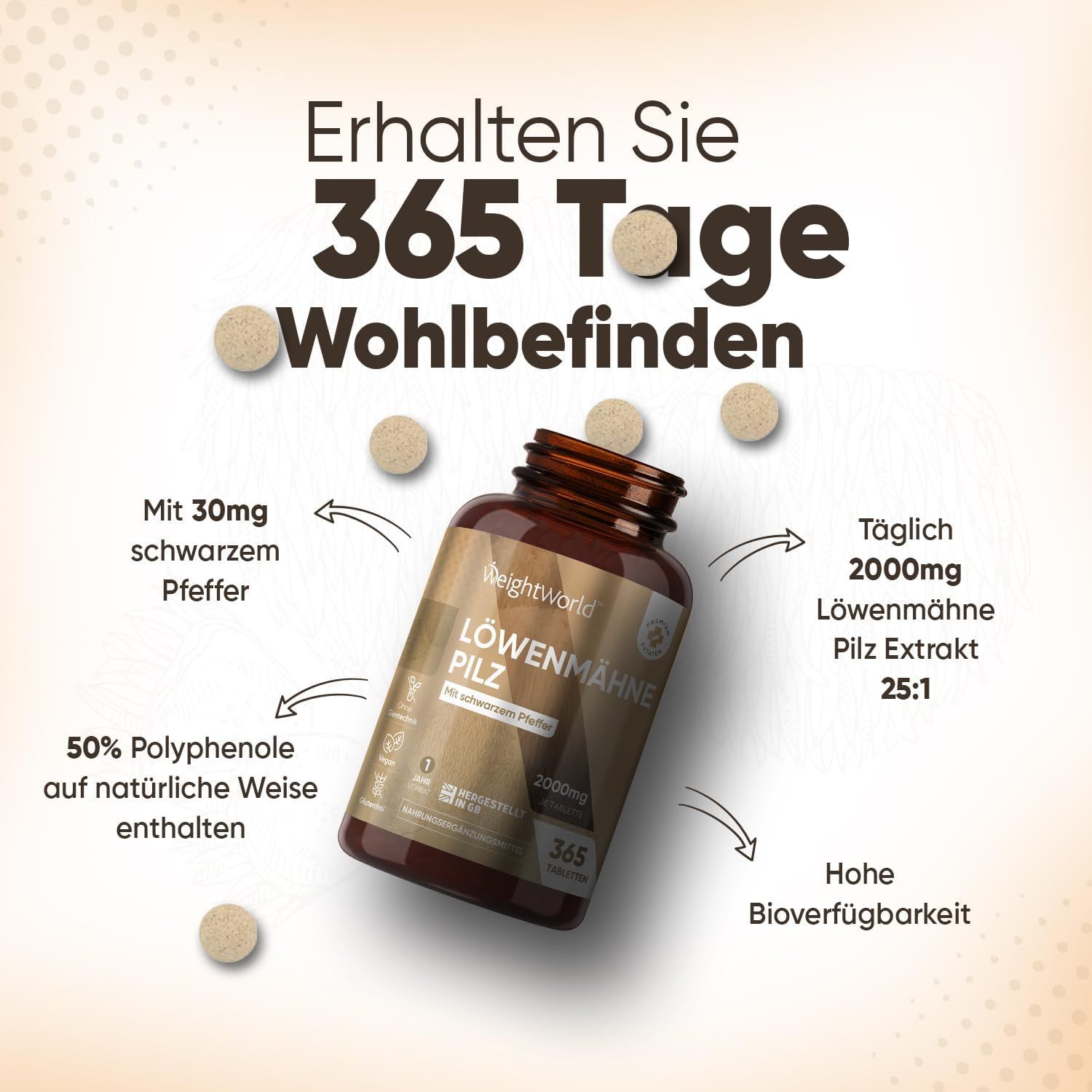 Flacone marrone di compresse. Testo: WeightWorld Löwenmähne Pilz. Con pepe nero. 365 giorni di benessere.