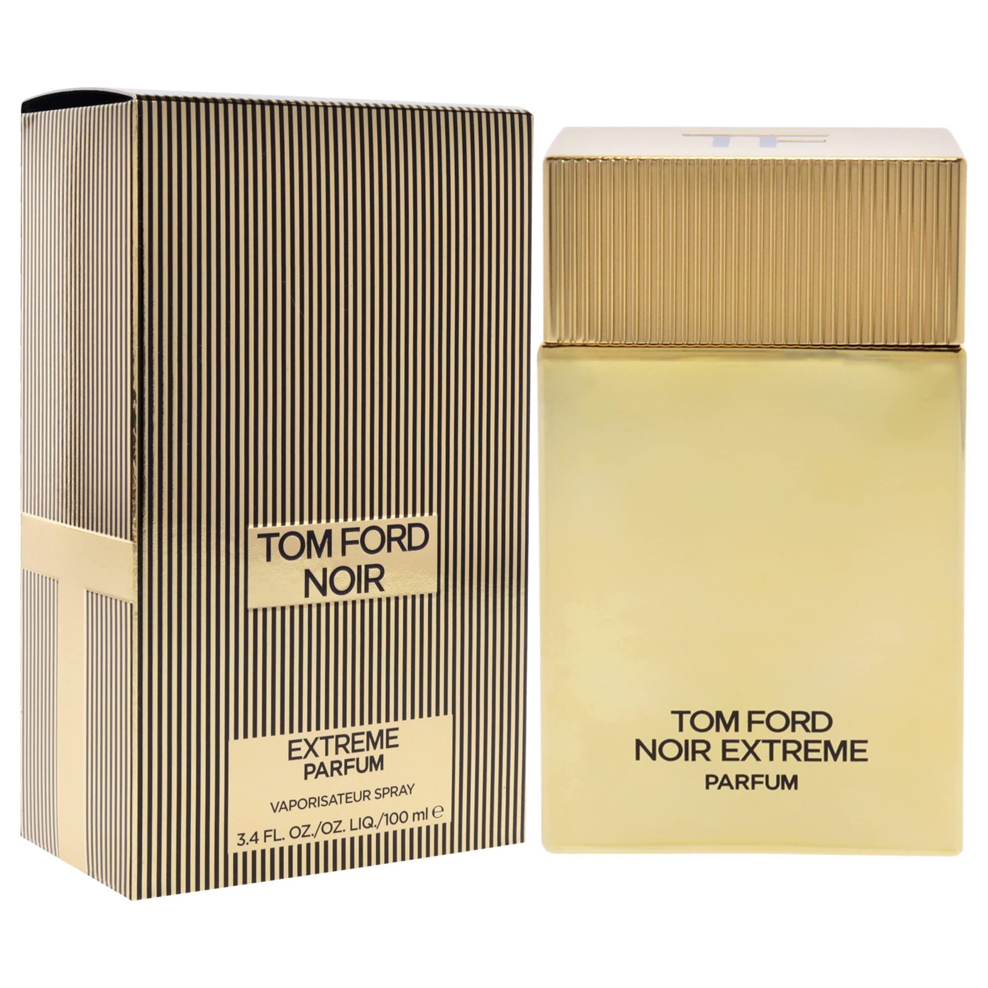 Flacone e confezione dorati. Scritta: TOM FORD NOIR EXTREME PARFUM. Confezione a righe verticali e logo.