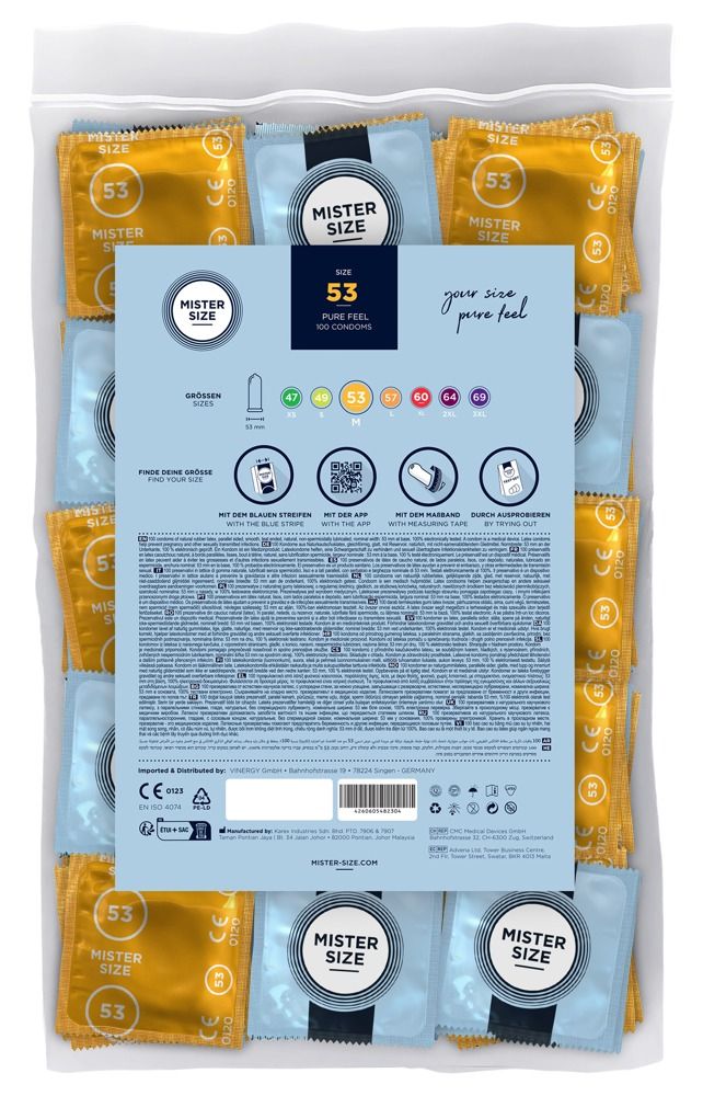 Vista dettagliata del fronte di una confezione di preservativi Mister Size 53 con indicazione della taglia 53.