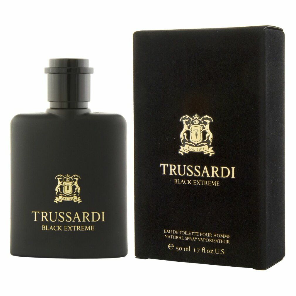 Flacone e scatola neri Trussardi Black Extreme. Scritta e logo dorati. Flacone con tappo.