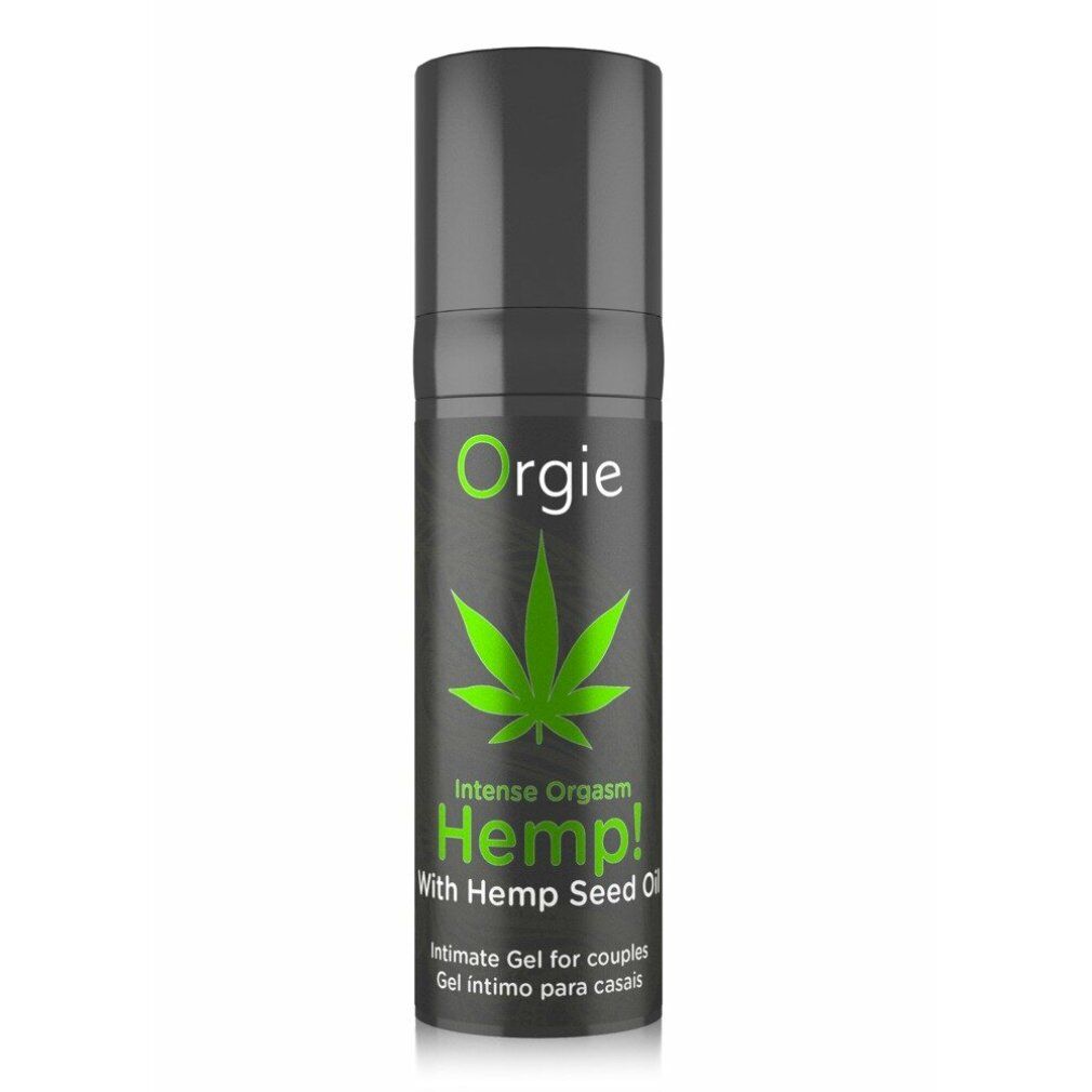 Flacone grigio scuro con etichetta verde. Testo: Orgie, Intense Orgasm Hemp!, simbolo foglia di canapa. Gel intimo per coppie.
