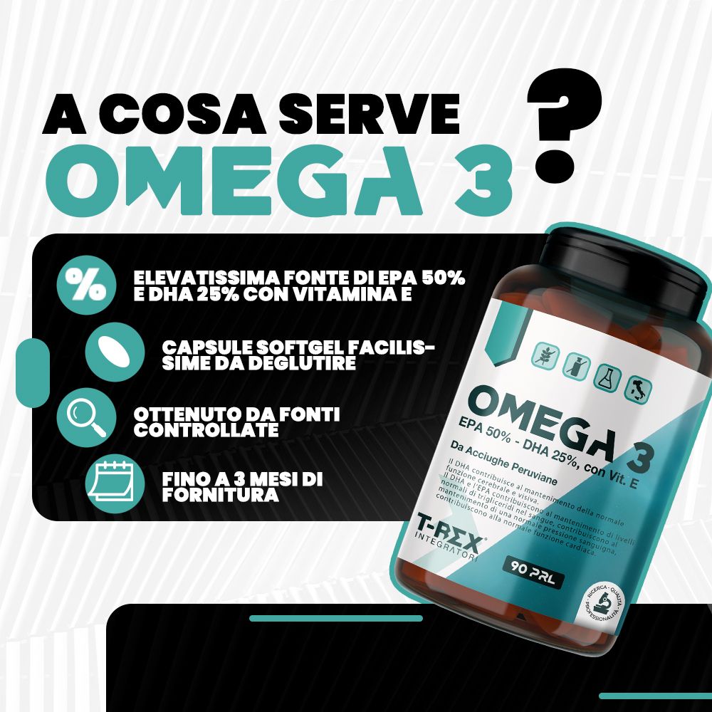 Un flaconcino di integratori Omega 3 con EPA 50%, DHA 25% e Vitamina E. Contiene 90 perle.