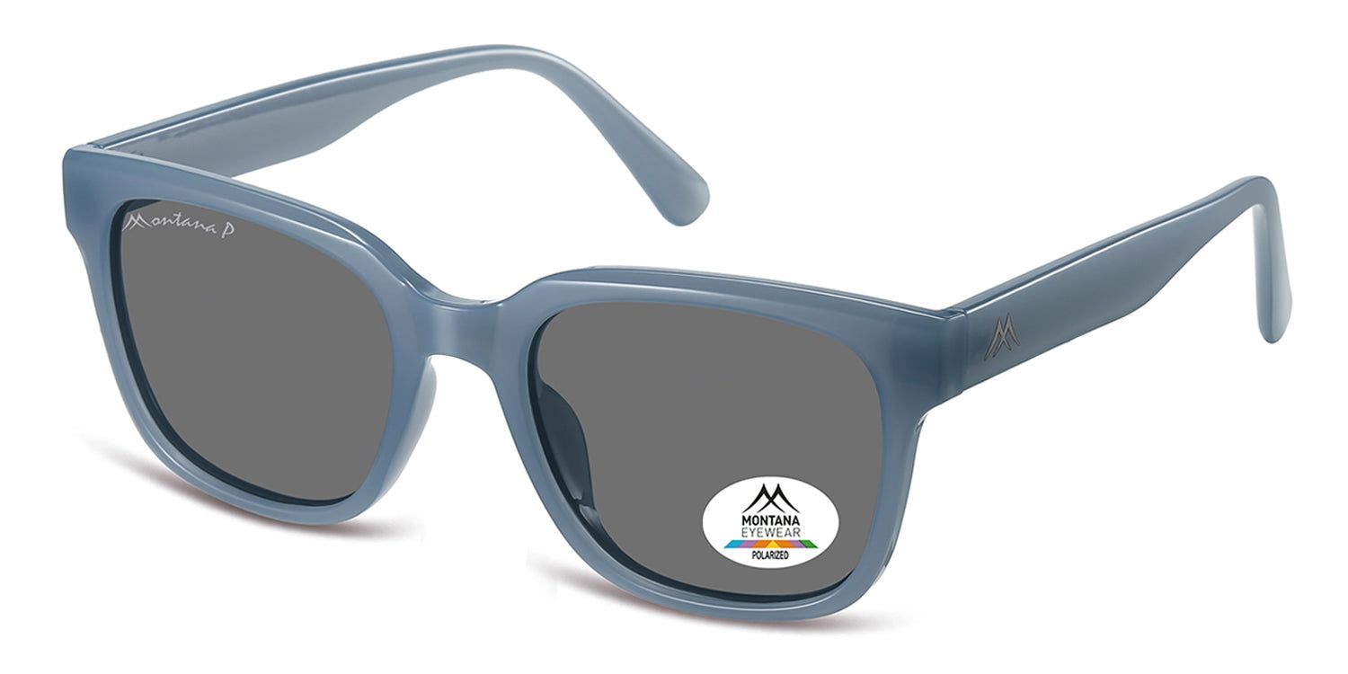 Occhiali da sole blu con lenti grigie. Logo Montana Eyewear sull'asta e sulla lente. Polarizzati.
