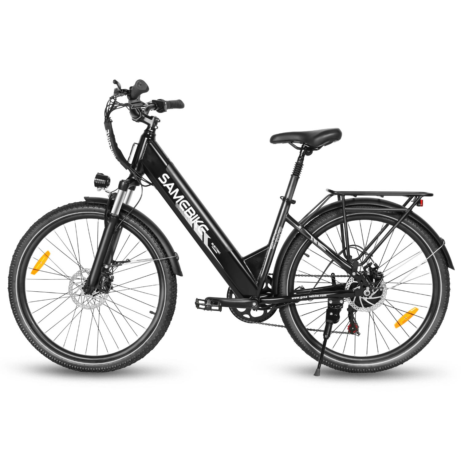 E-bike nera SAMEBIKE RS-A01 Pro-T. Portapacchi, parafanghi, fari e fanali posteriori.