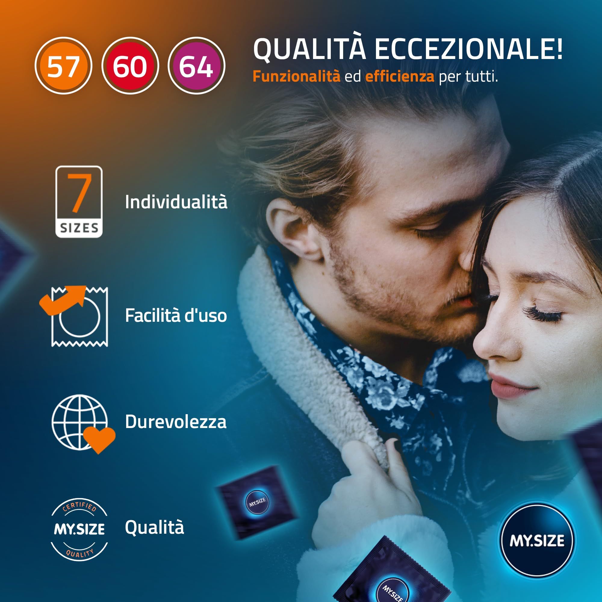 Coppia che si abbraccia, circondata da pacchi di preservativi MY.SIZE e icone per individualità, facilità d'uso, durabilità e qualità.