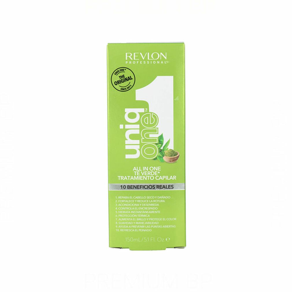 Confezione verde con scritta: Uniq One, Revlon Professional, All in One Te Verde Tratamiento Capilar, 10 Beneficios Reales. Con logo.