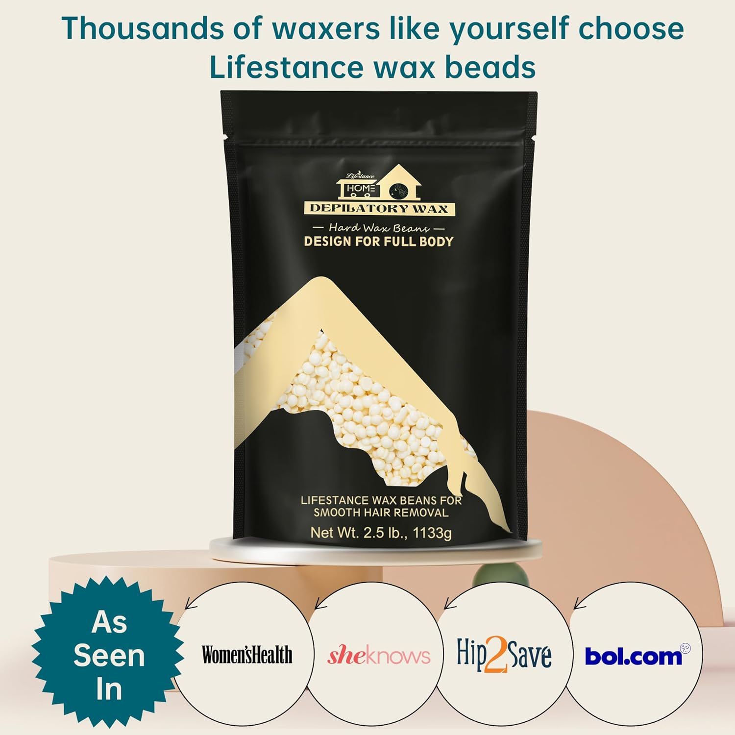 Confezione nera con perle di cera. Testo: Lifestance, Design per tutto il corpo, 2,5 lb. Citato in Women's Health, sheknows, Hip2Save, bol.com.