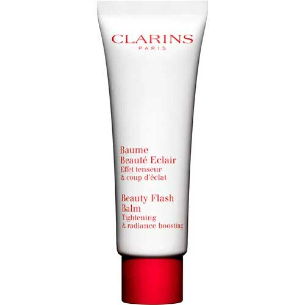 Tubo bianco con tappo rosso. Scritta: Clarins, Baume Beauté Eclair, Beauty Flash Balm. Testo in francese e inglese.