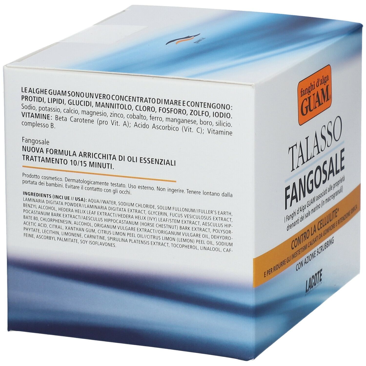 Confezione GUAM® Talasso Fangosale. Scatola blu e bianca con informazioni e ingredienti.
