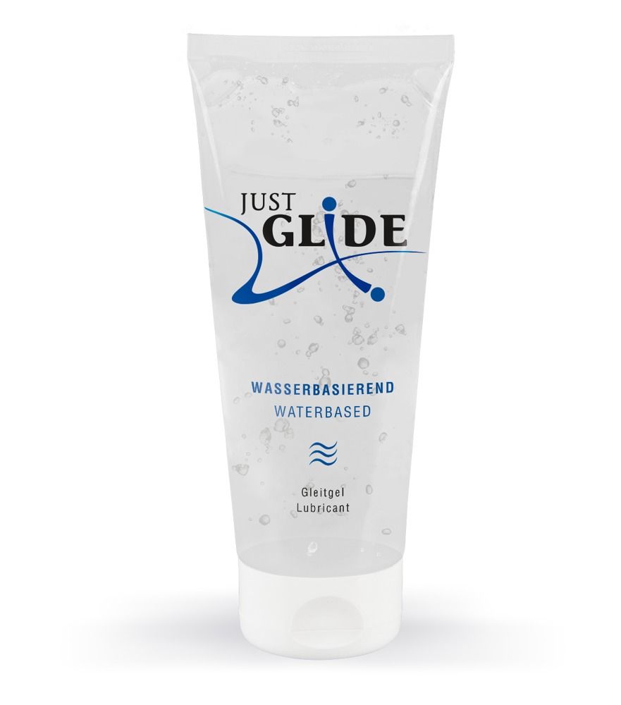 Tubo trasparente di lubrificante a base d'acqua Just Glide con tappo bianco.