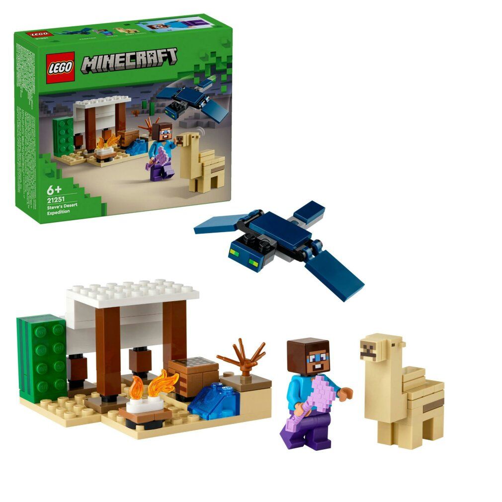 Set LEGO Minecraft. Elementi: Steve, cammello, edificio, aereo. Confezione con logo e età consigliata 6+. Elementi su sfondo bianco.
