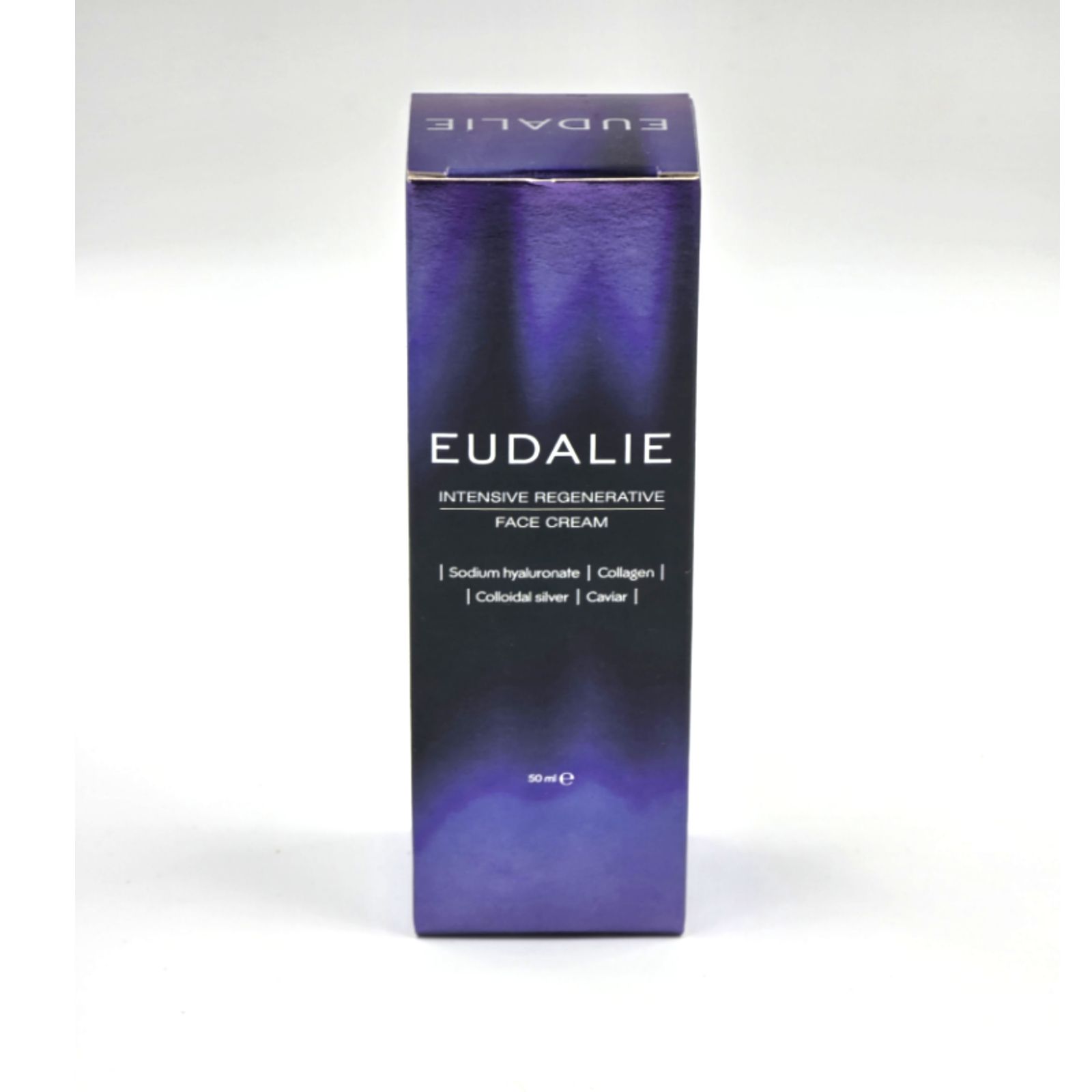 Scatola EUDALIE. Scritto: Intensive Regenerative Face Cream. Ingredienti: Ialuronato, collagene, argento colloidale, caviale. Confezione viola.