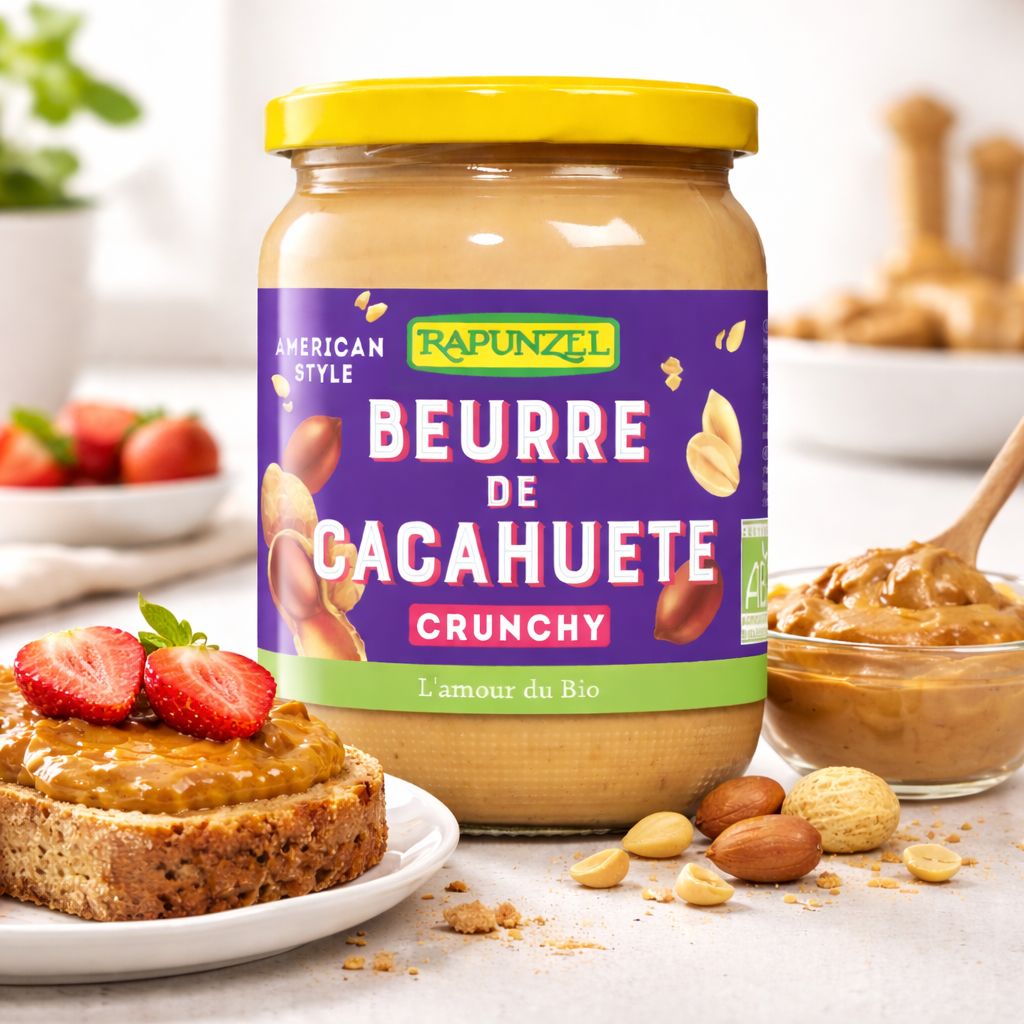 Rapunzel Burro di arachidi Crunchy in barattolo. Stile americano, certificato biologico.