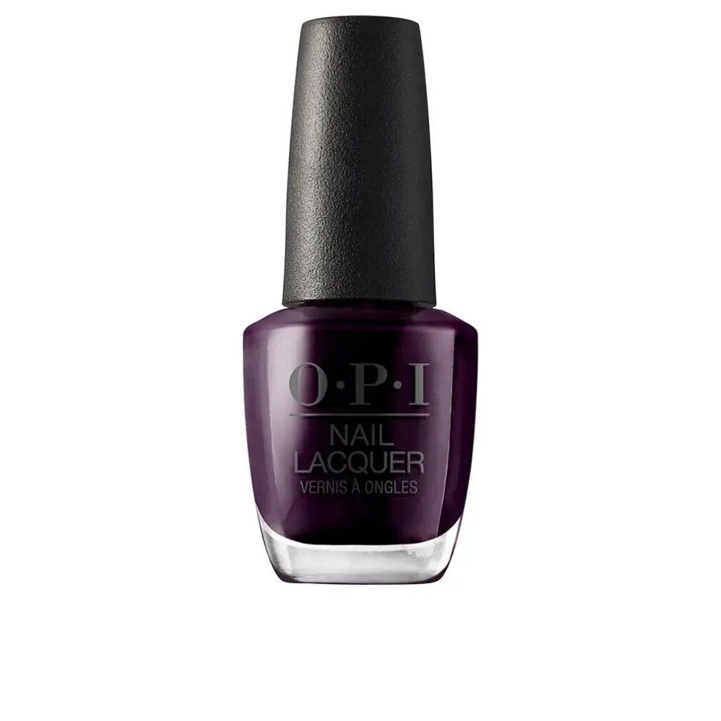 Flacone di smalto viola scuro con tappo nero. OPI Nail Lacquer. Flacone di vetro.
