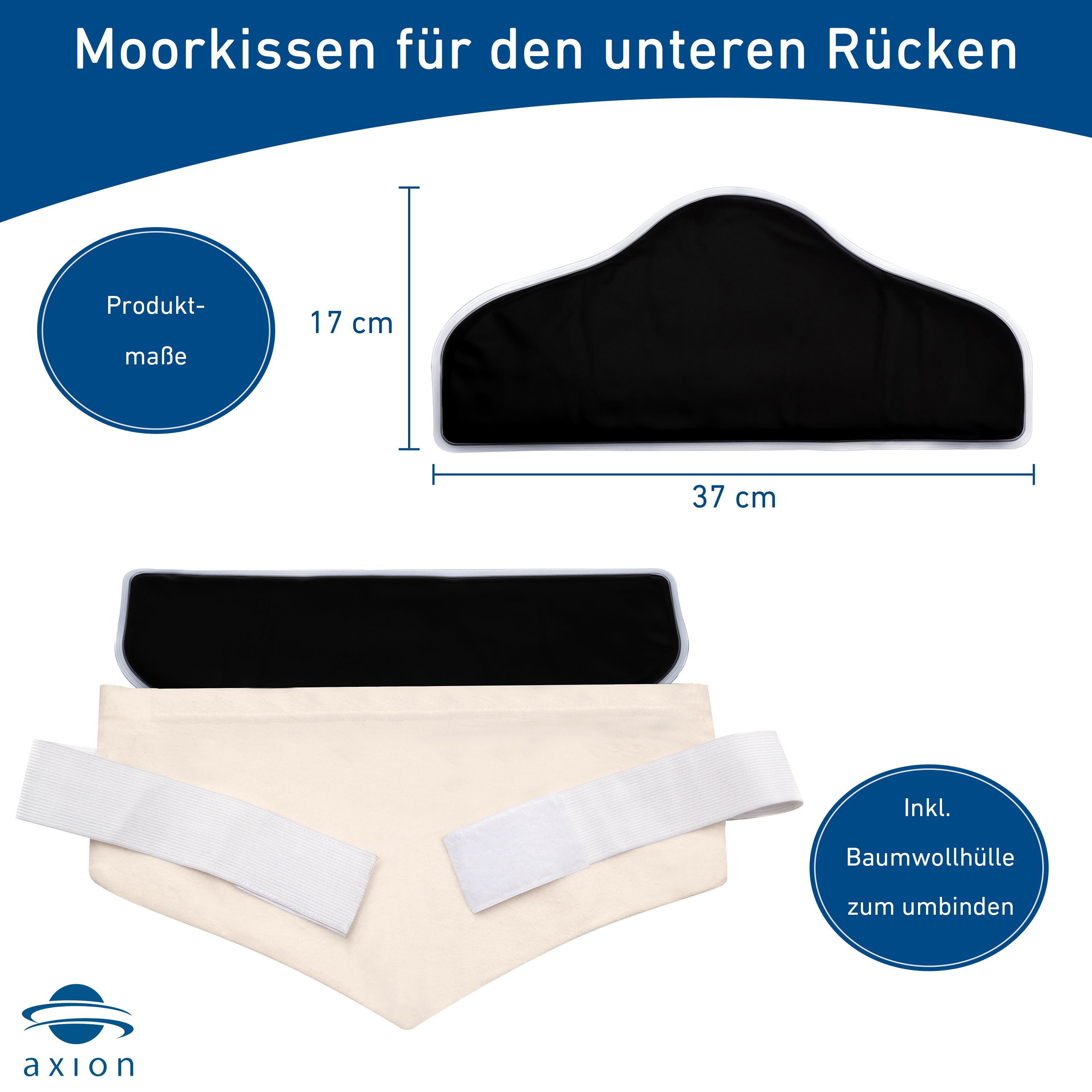 Cuscino termico nero, fodera cotone, fasce velcro. Misure: 37x17cm. Logo axion®.