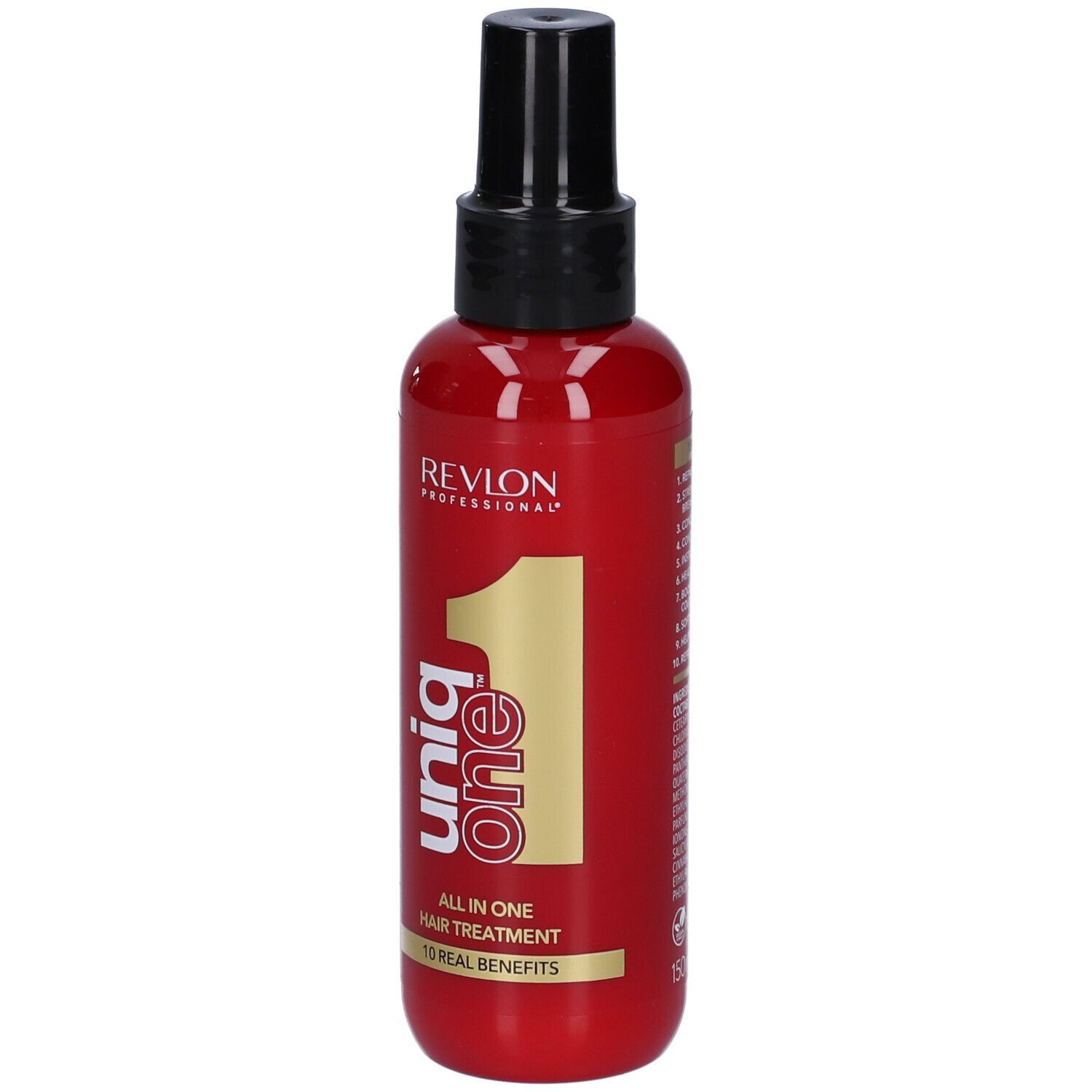 Flacone rosso con vaporizzatore nero. Scritta: Uniq One, All in One Hair Treatment. Numero 1 dorato.