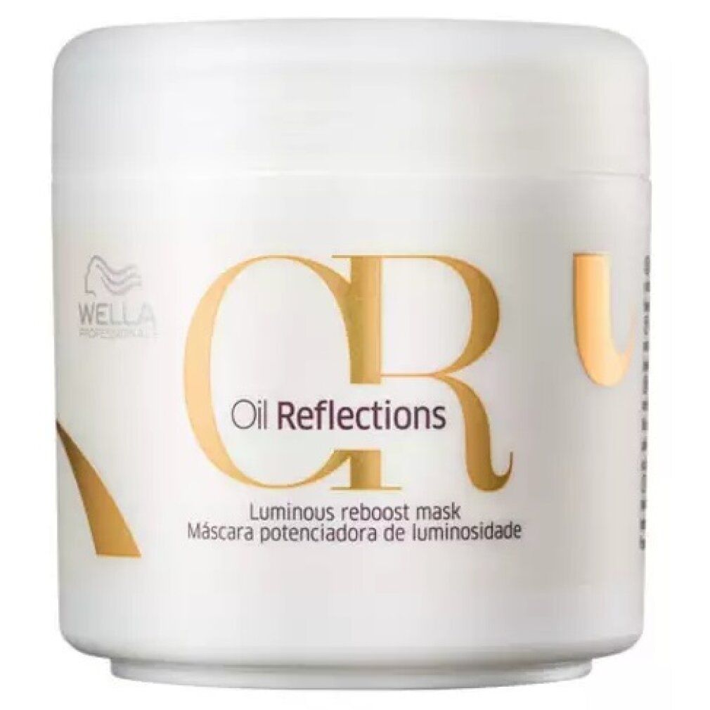 Barattolo bianco con scritta dorata "CR Oil Reflections". Testo: "Luminous reboost mask", "150 ml". Marchio: Wella.