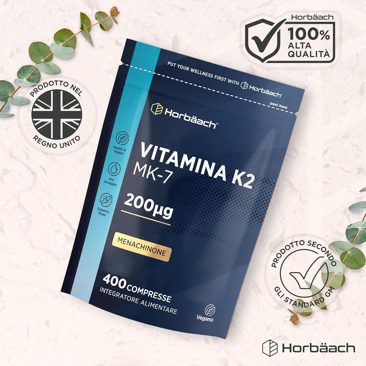 Confezione blu Horbaach Vitamina K2 MK-7, 200µg, 400 compresse. 100% alta qualità, prodotto nel Regno Unito.