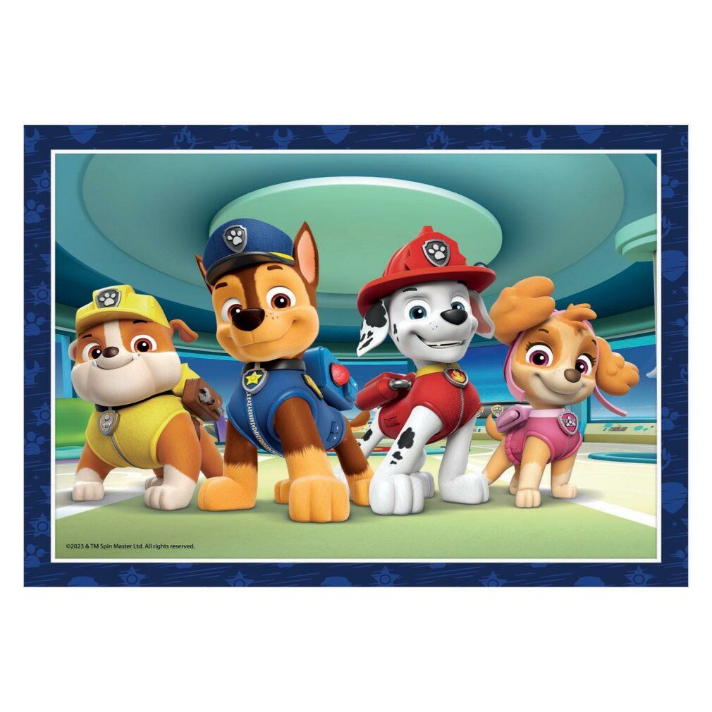 Puzzle con personaggi di Paw Patrol. Diversi personaggi sono raffigurati su sfondo rosso.