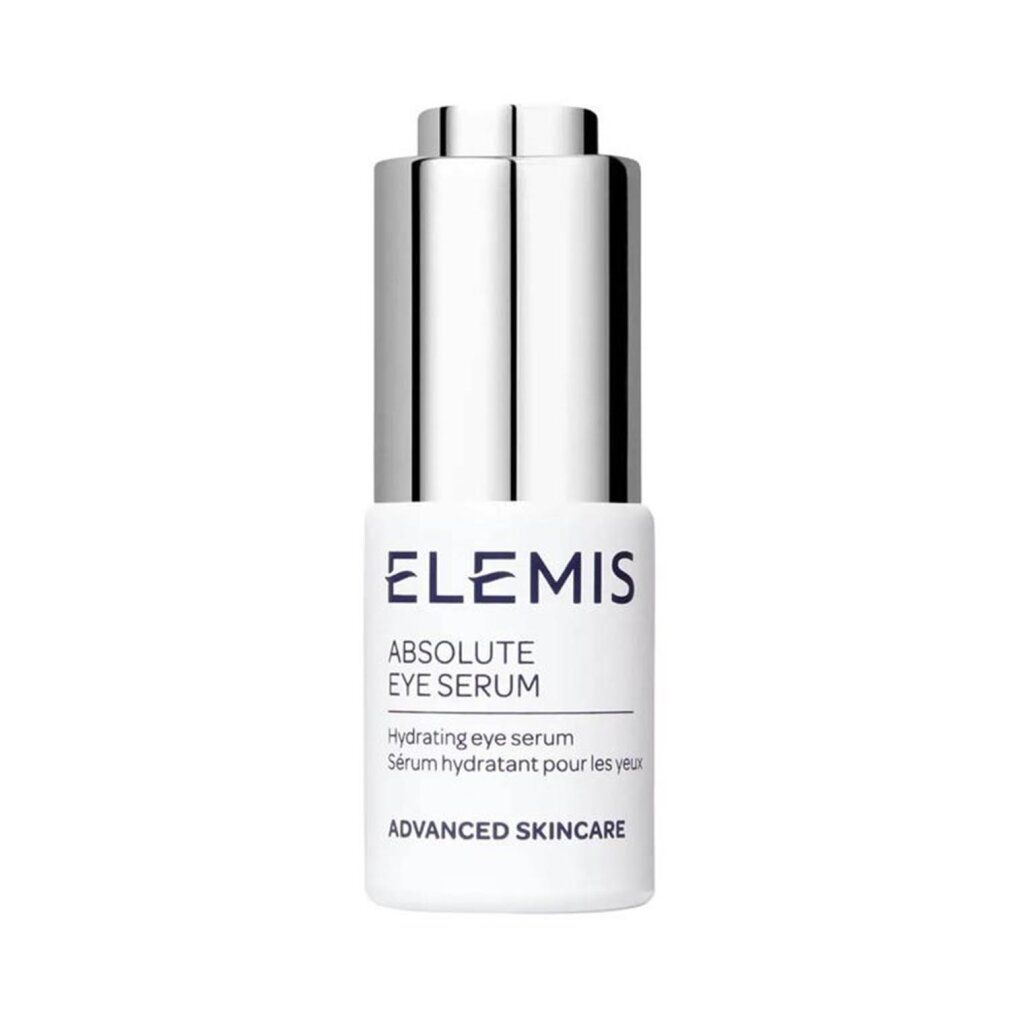 Siero Elemis Absolute Eye. Flacone bianco con tappo argentato. Nome del prodotto e testo sul davanti.