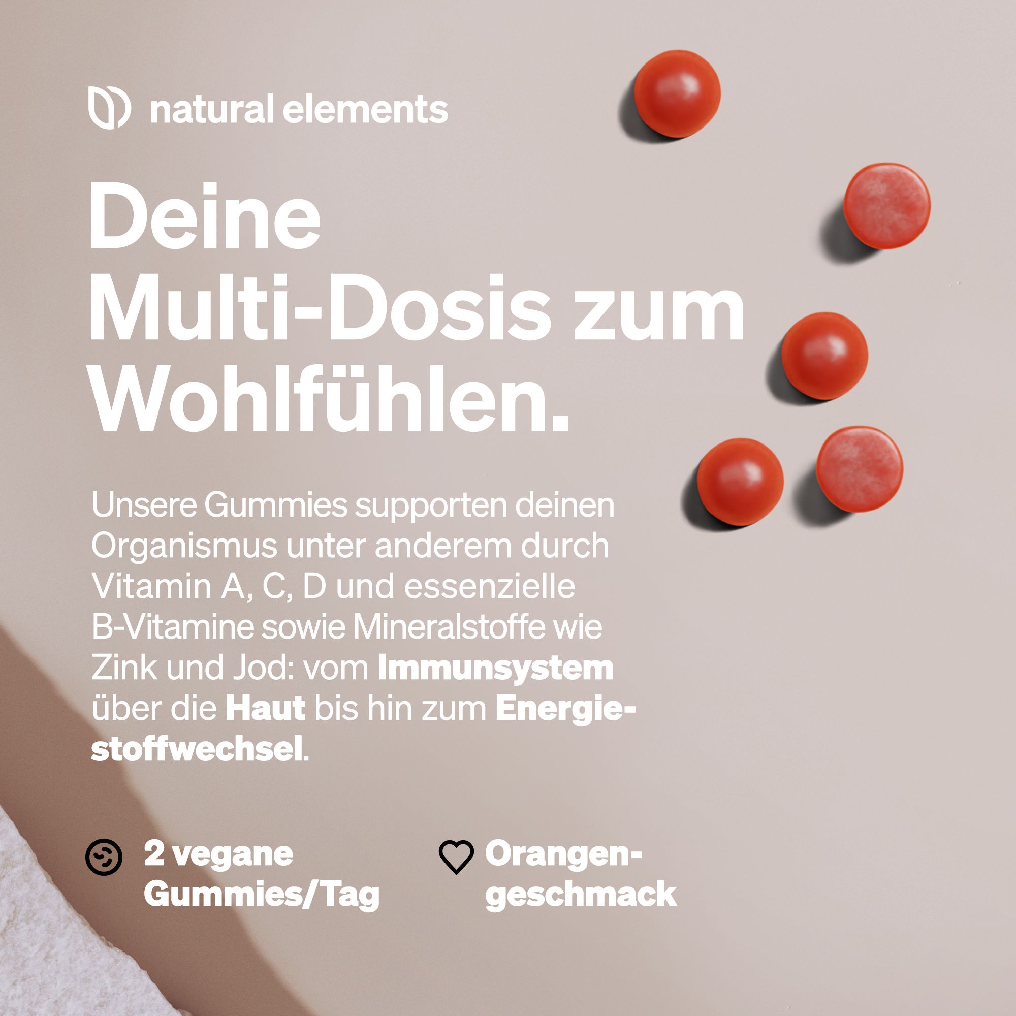 Gommose rosse. Testo: La tua multi-dose per il benessere. 2 gommose vegane/giorno. Gusto arancia.