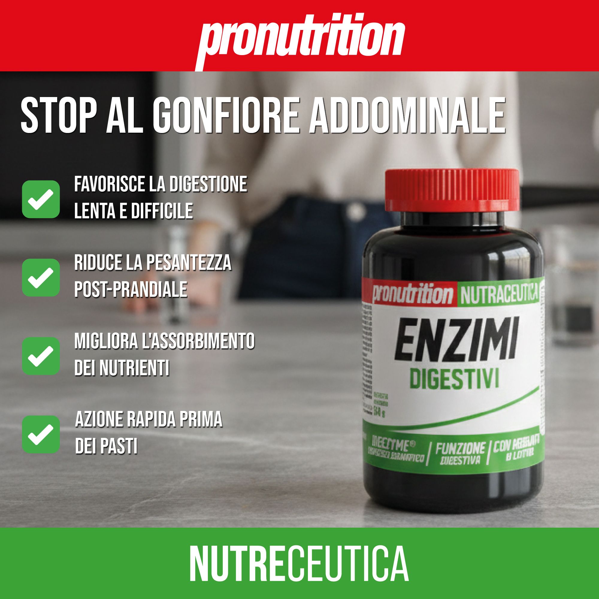 Flacone marrone con tappo rosso. Scritta: Enzimi Digestivi. Testo: Favorisce la digestione, Riduce la pesantezza, Migliora l'assorbimento, Azione rapida.