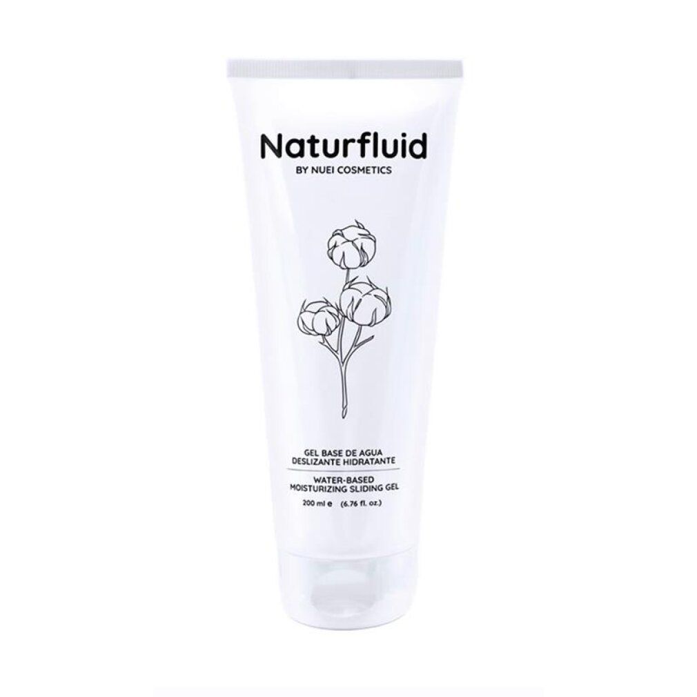 Tubo bianco di gel lubrificante Naturfluid, motivo cotone e testo.
