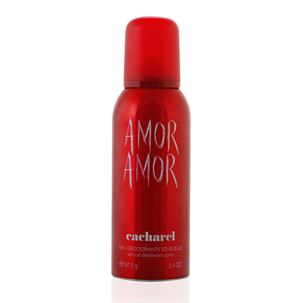 Flacone spray deodorante rosso con tappo rosso. Scritta "AMOR AMOR" e "cacharel". Testo: "Eau Déodorante Sensuelle".