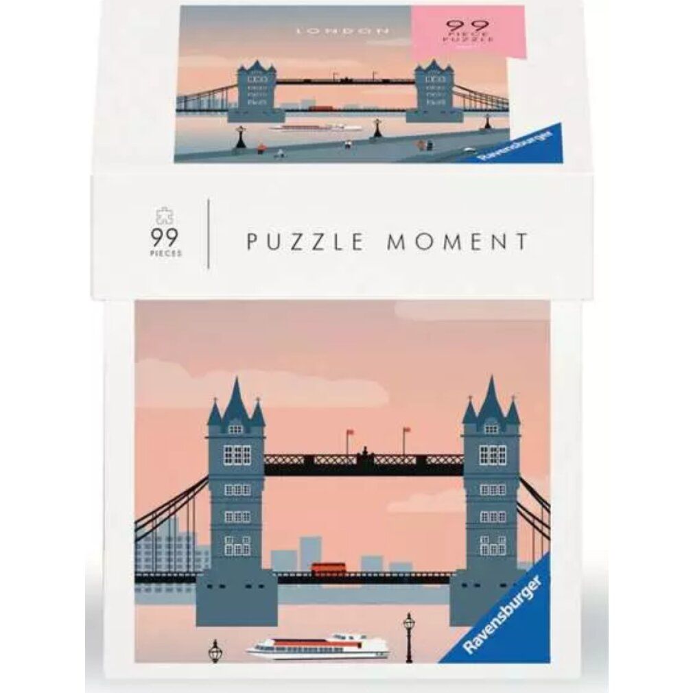 Puzzle Moment - London (99 pezzi) in confezione. Illustrazione del Tower Bridge. Marchio: Ravensburger. 99 pezzi.