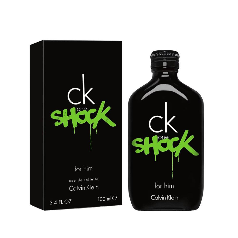 Flacone e confezione neri. Scritta: ck one SHOCK for him Calvin Klein. Scritta verde.