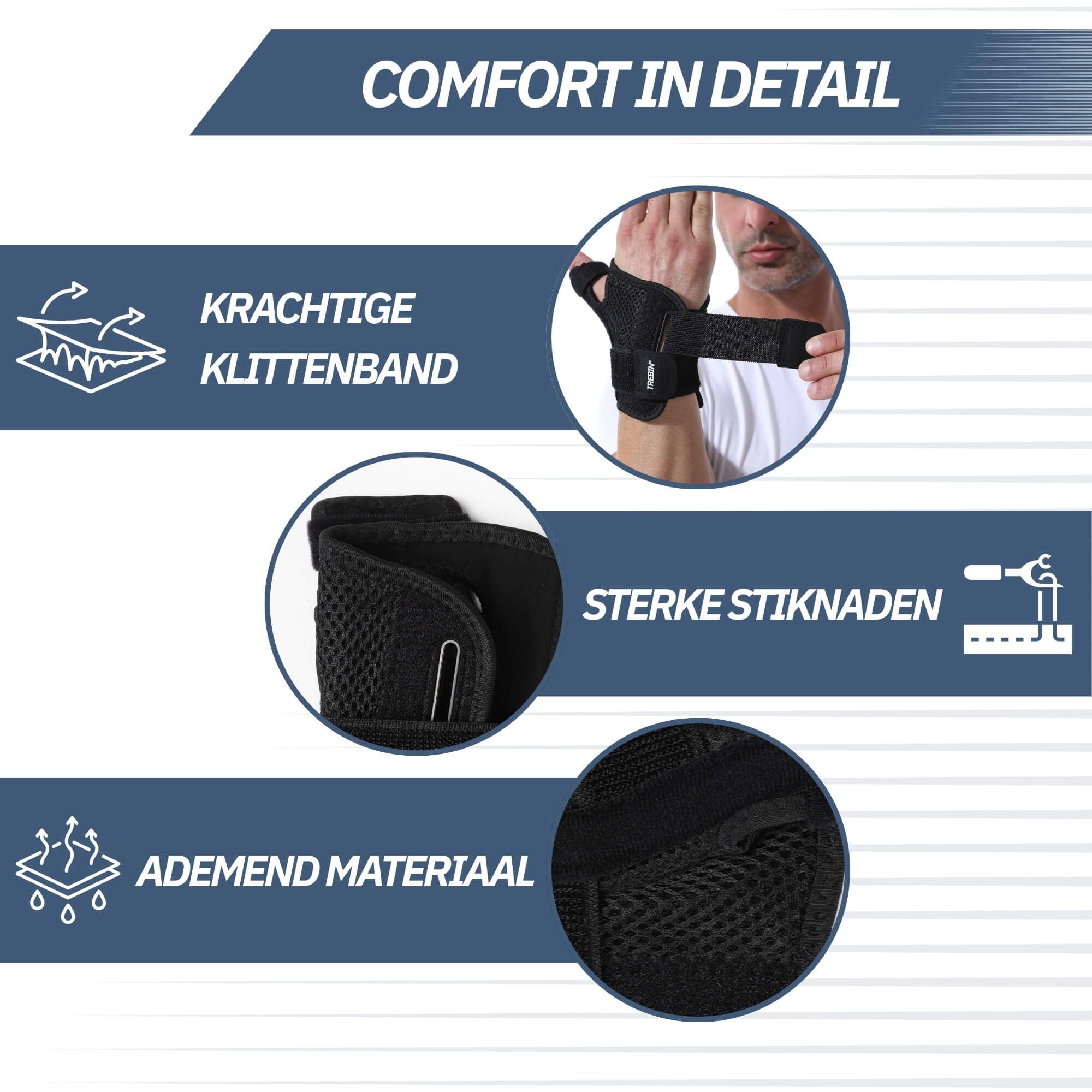 Dettagli di un tutore nero per polso: fascia in velcro, cuciture, materiale traspirante.