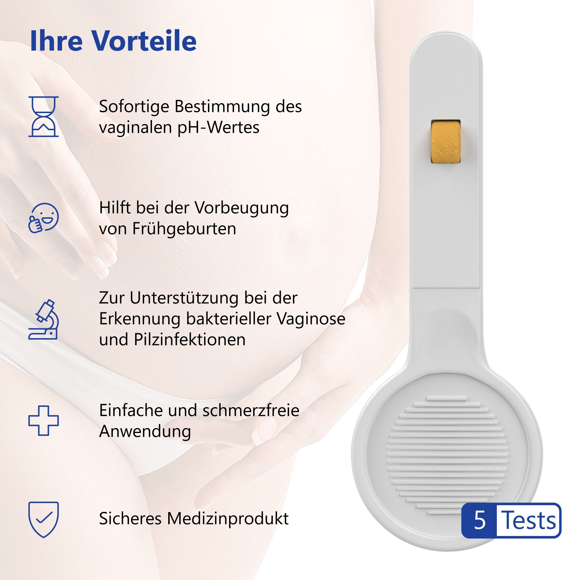 Applicatore bianco con zona di test gialla. Testo: 5 test. Vantaggi: Determinazione immediata del pH, prevenzione del parto prematuro.