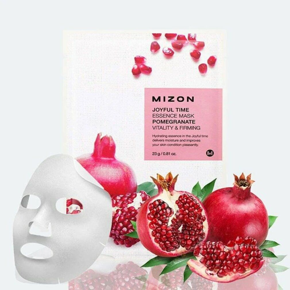 Confezione MIZON Joyful Time Essence Mask Melograno con maschera e melograni. Testo: Joyful Time, Pomegranate, Vitality & Firming.