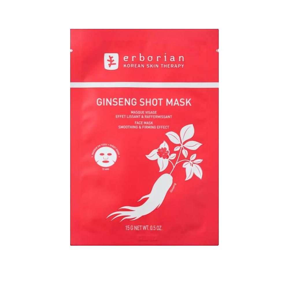 Confezione rossa con nome e logo del prodotto. Contiene una maschera per il viso. Illustrazione della radice di ginseng.