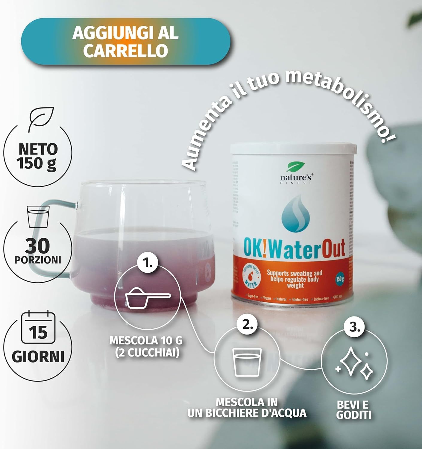 Bicchiere di liquido rosa, accanto a un barattolo OK!WaterOut. Grafici con informazioni.