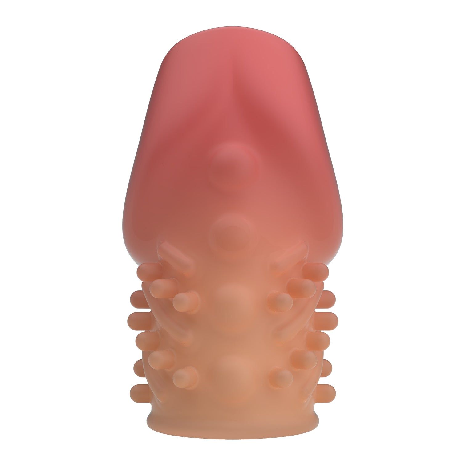 Prodotto cilindrico bicolore, rosa e beige. Superficie con borchie e protuberanze. Apertura superiore.