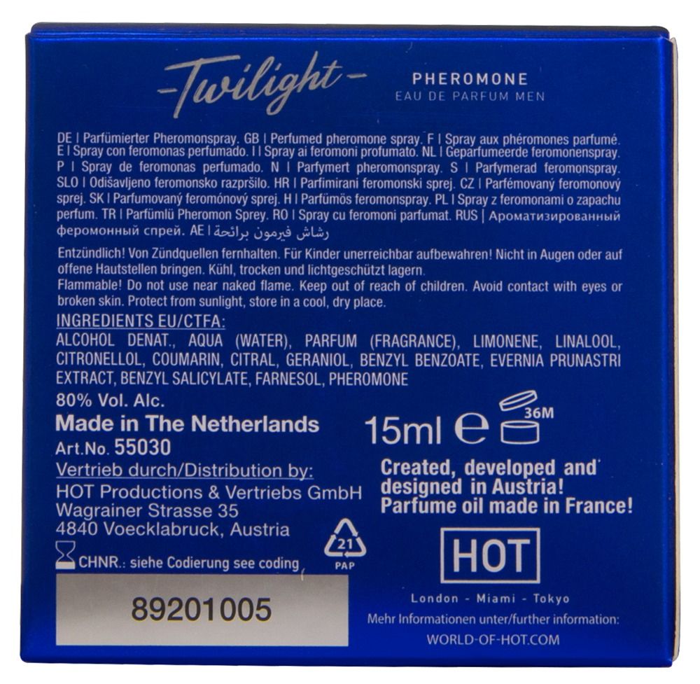 Retro della confezione di Twilight Pheromone Parfum da uomo, 15ml.