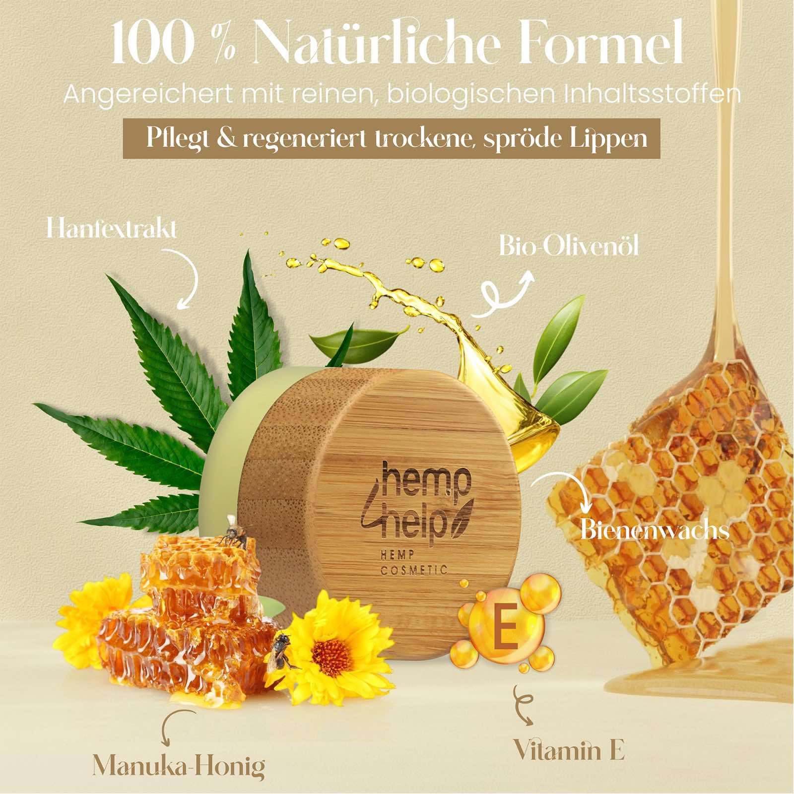 Vasetto di balsamo per labbra con coperchio in legno. Favo, foglia di canapa, girasole. Testo: Formula 100% naturale, miele di Manuka, vitamina E.