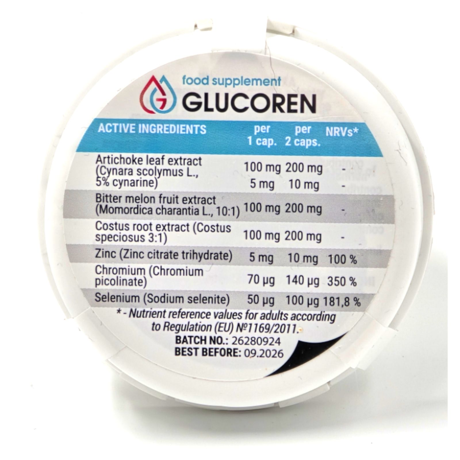 Contenitore per compresse. Scritta: Glucoren, integratore alimentare. Contiene ingredienti e informazioni nutrizionali per capsula.