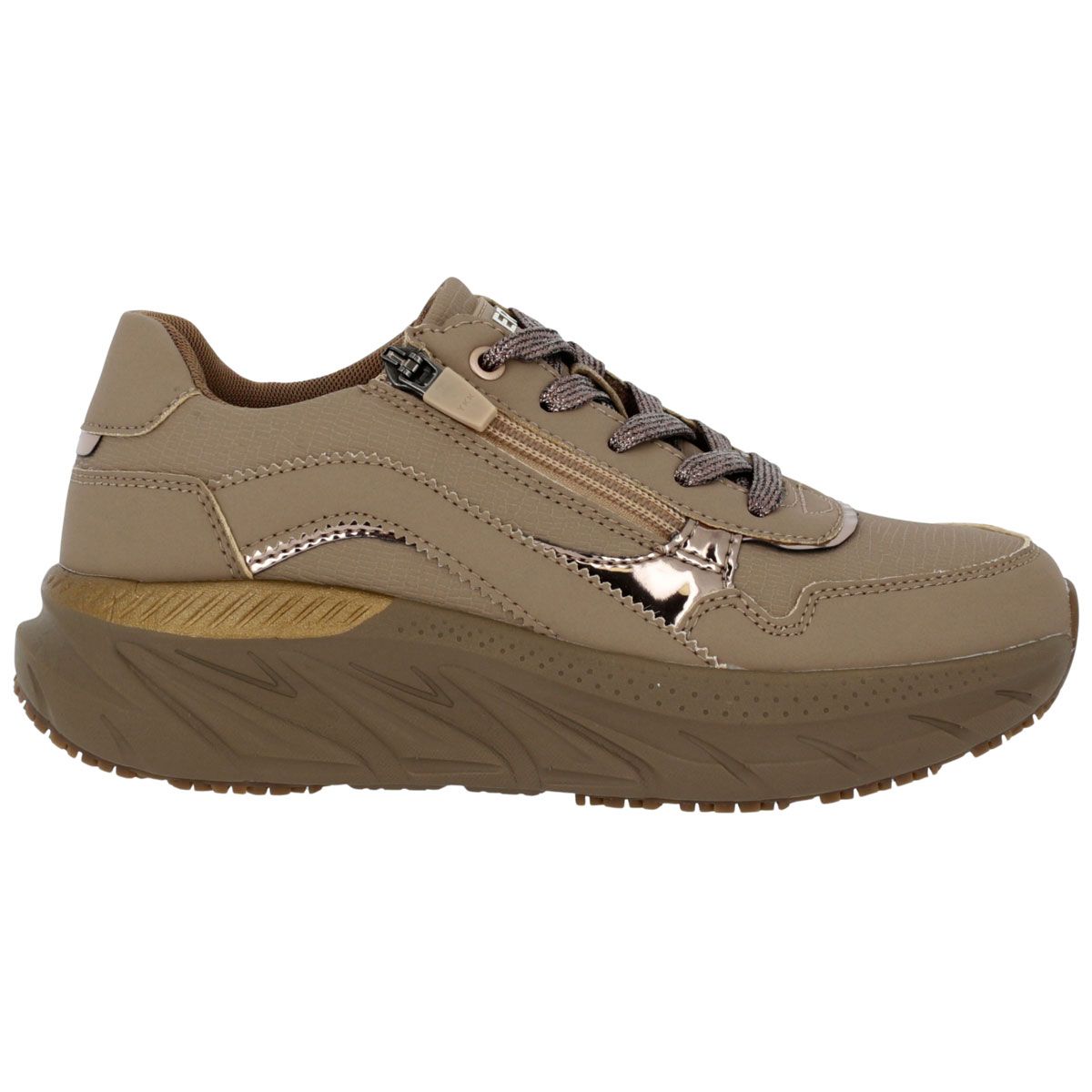 Sneaker beige con zip e lacci. Marchio HERGOS. Suola marrone. Rifinitura laterale.