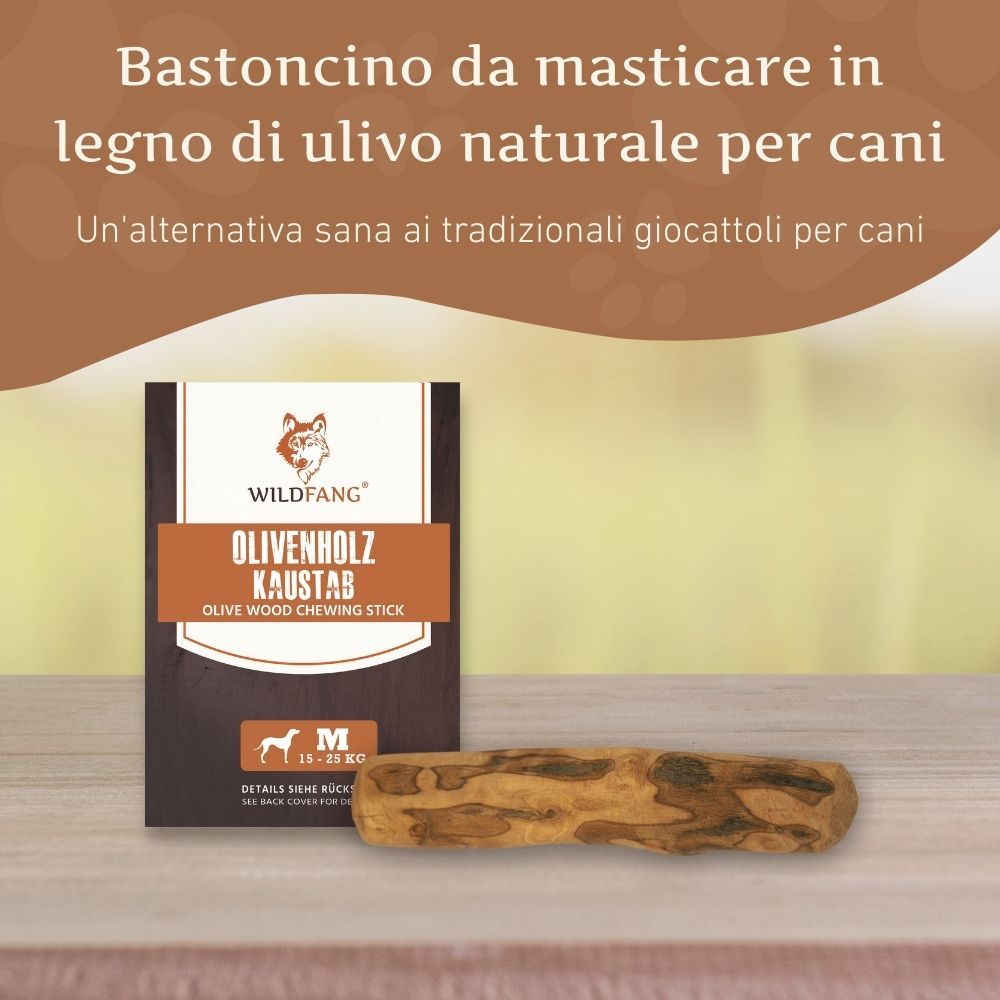 Bastoncino masticabile in legno d'ulivo e confezione. Testo: Bastoncino da masticare in legno di ulivo naturale per cani. Marchio: WILDFANG.