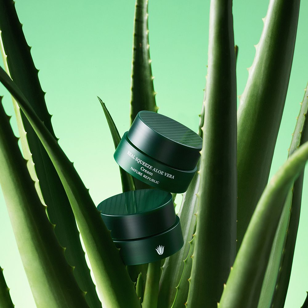 Due barattoli verdi con testo: Real Squeeze Aloe Vera Cream, Nature Republic. Circondati da piante di aloe vera.