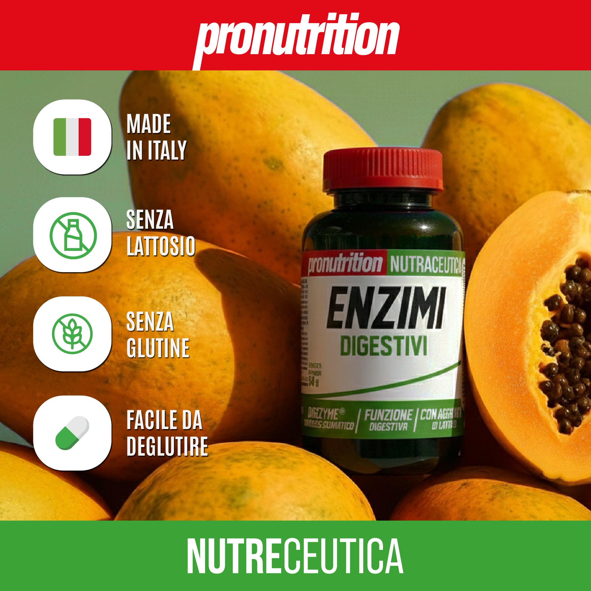 Flacone marrone con tappo rosso. Scritta: Enzimi Digestivi. Circondato da papaya. Testo: Made in Italy, senza lattosio, senza glutine, facile da deglutire.